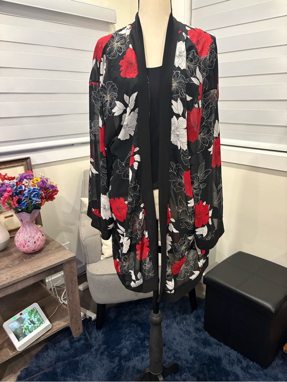 Ricki's Black Sheer Floral Kimono with Red & White Blooms